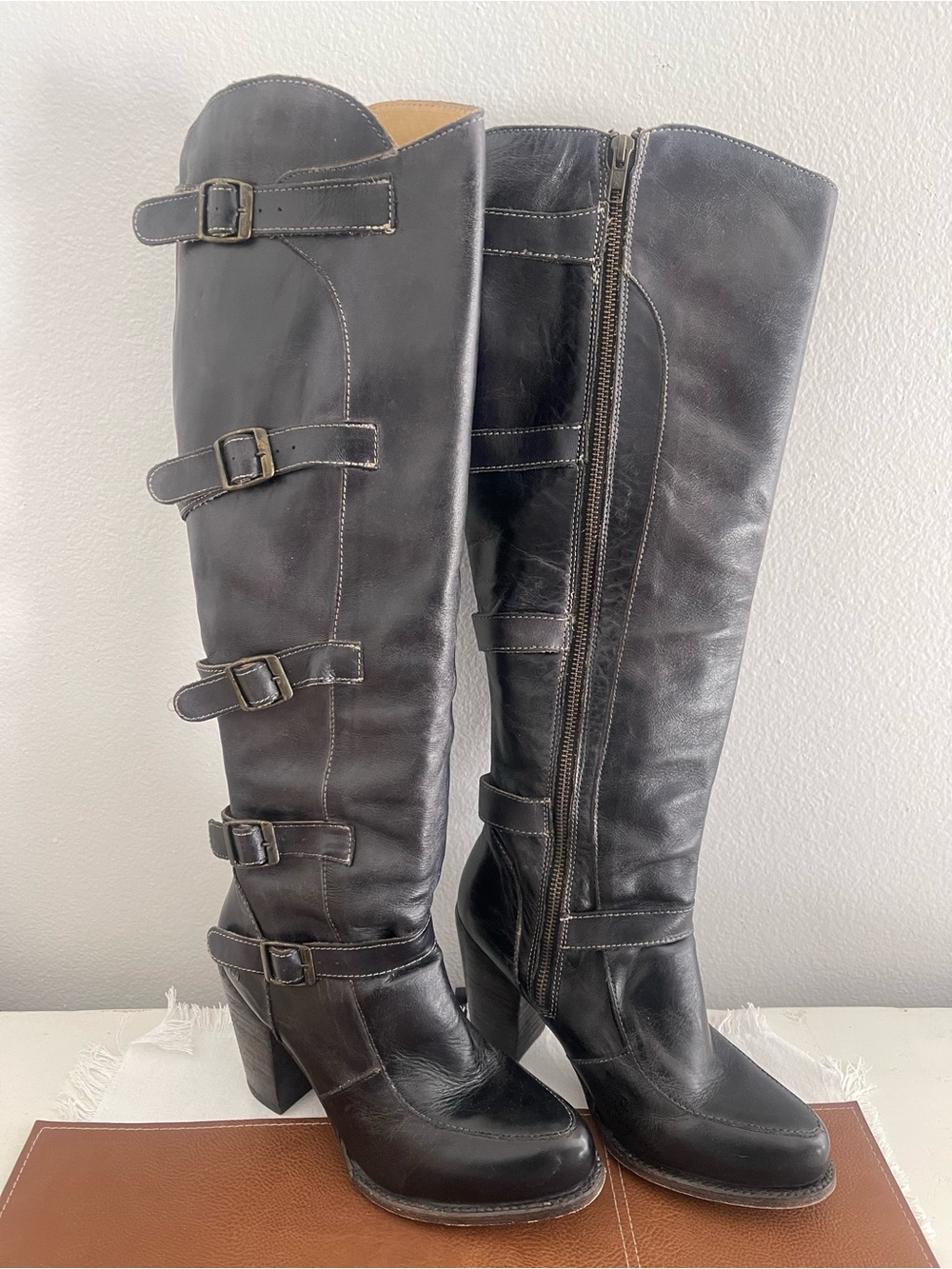 Women's Black Leather Knee-High Buckle Boots.   BED|STU